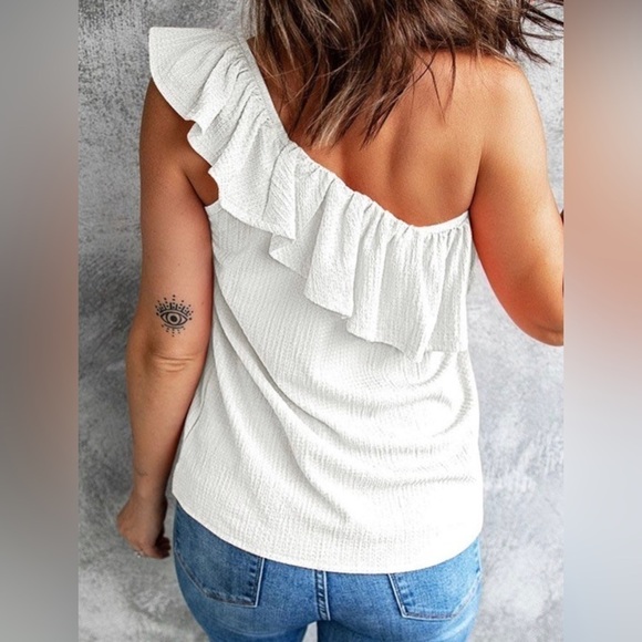 White..White One Shoulder Crinkled Top - Picture 2 of 4